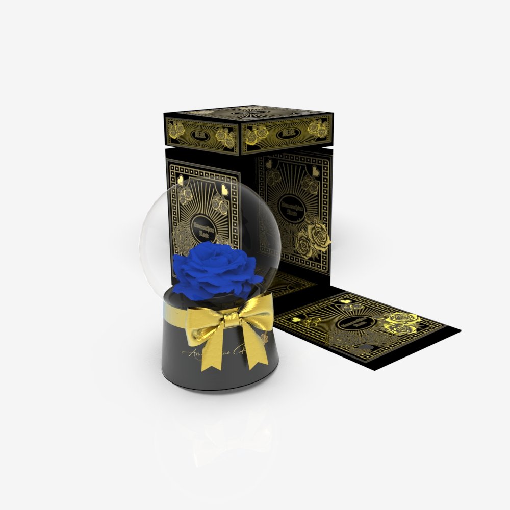 MUSIC GLASS GLOBE BLUE PRESERVED ROSE - Gold Edition Pandora Box
